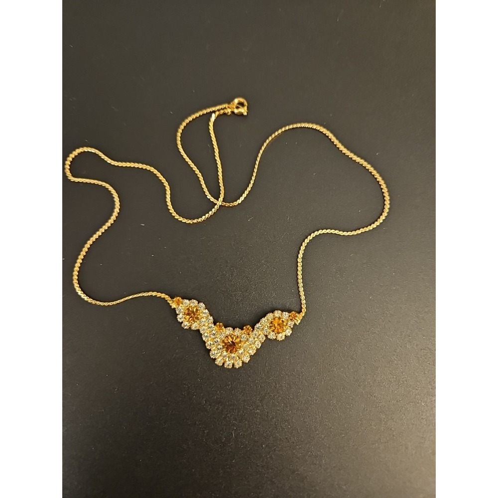 Vintage Necklace‎ With Rhinestone/Amber Stones. (528)